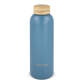 Waterdrop Roestvrijstalen Fles met Bamboe dop 600ml-Grijs - blauw