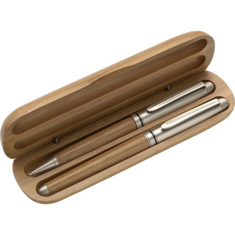 Addie pennenset - bamboe - blauwe inkt - balpen en rollerbalpen - geschenkverpakking