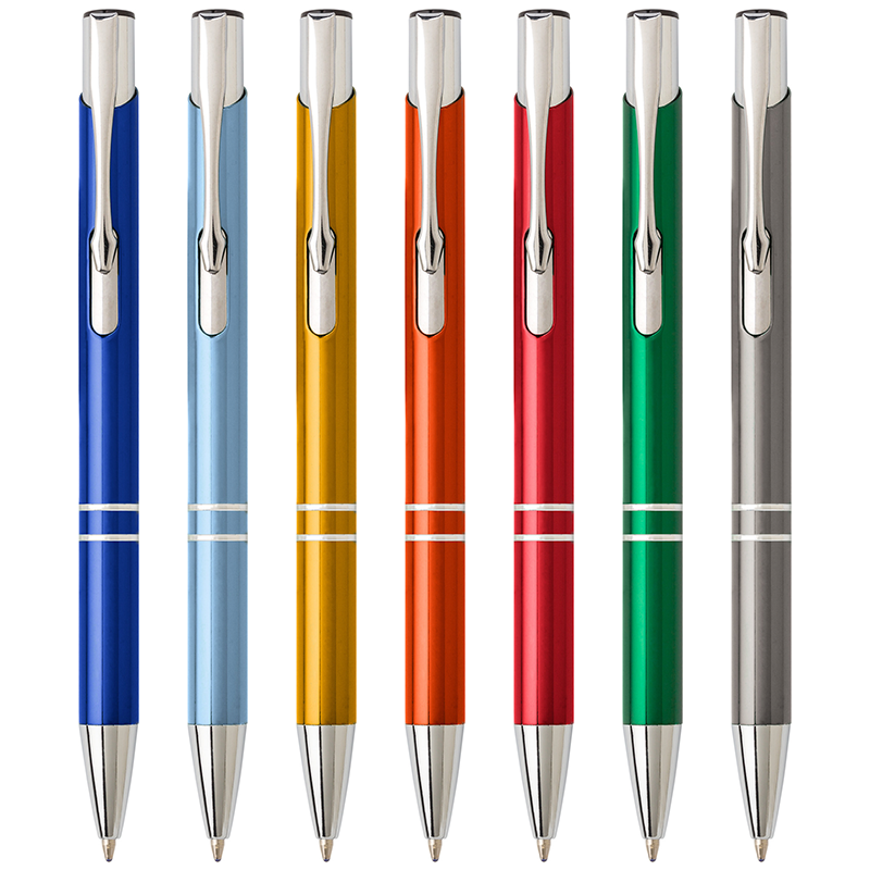Delia balpen - aluminium - blauwe inkt - hoogglans UV afwerking - zilveren clip, tip en top