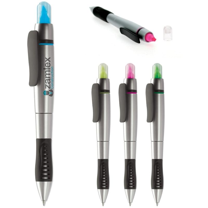 Balpen en markeerstift - ABS plastic/PP - diverse kleuren - blauwe inkt