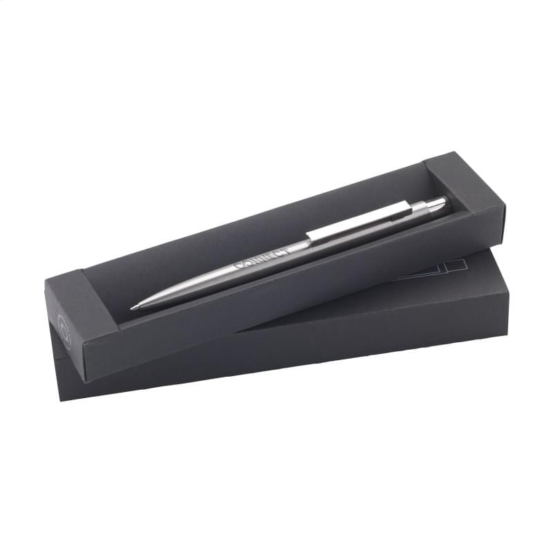 Bellamy pen - gerecycled RVS - blauwe inkt - verchroomde clip en accenten - geschenkverpakking