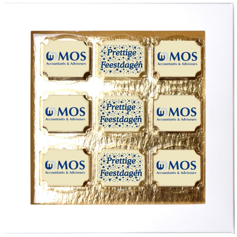 Logo chocolade bonbons - 9 stuks - wit, melk, puur met hazelnootpraline - in geschenkdoos