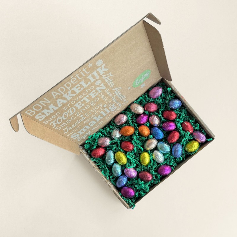 Chocolade paaseitjes gekleurd - 250 gram - melk, puur en wit - verzenddoos - onbedrukt
