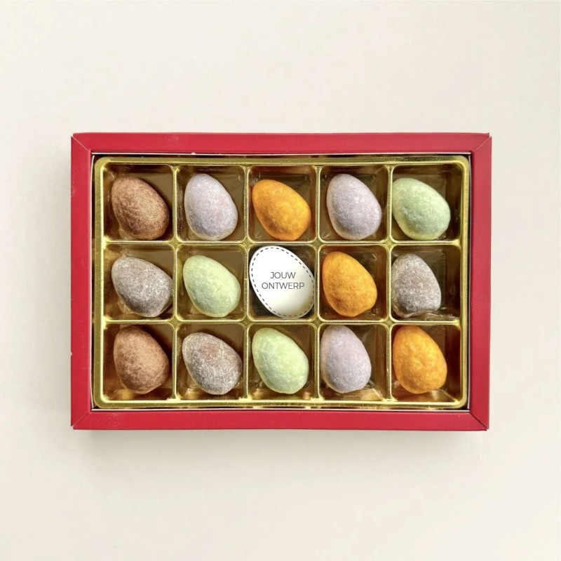 Chocolade paaseitjes gevuld - 185 gram - karamel, franboos en pistache - geschenkdoos 