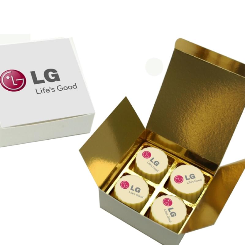 Logo chocolade bonbons - 4 stuks - wit, melk, puur - in doosje
