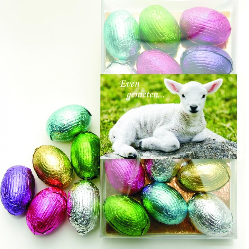 Chocolade paaseitjes - 150 gram - melk, puur en wit - postdoosje met bandenrol