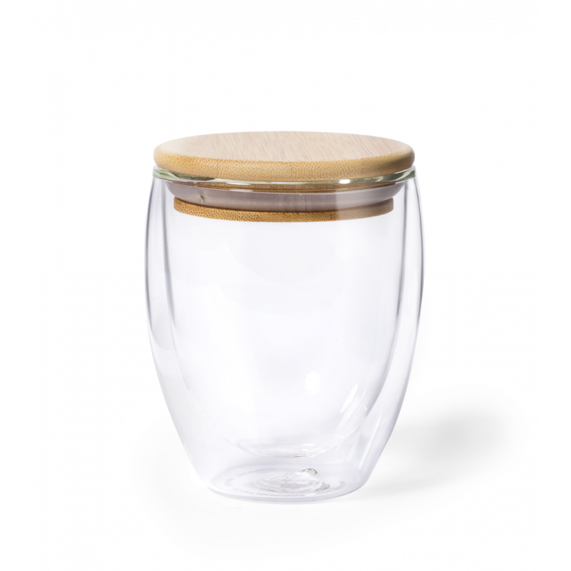 Nystre beker 250ml - transparant - dubbelwandig - met bamboe deksel