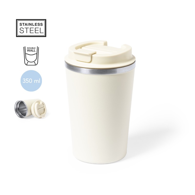 Koffiebeker vicuit 350ml - RVS - dubbelwandig - matte kleur - afsluitbaar