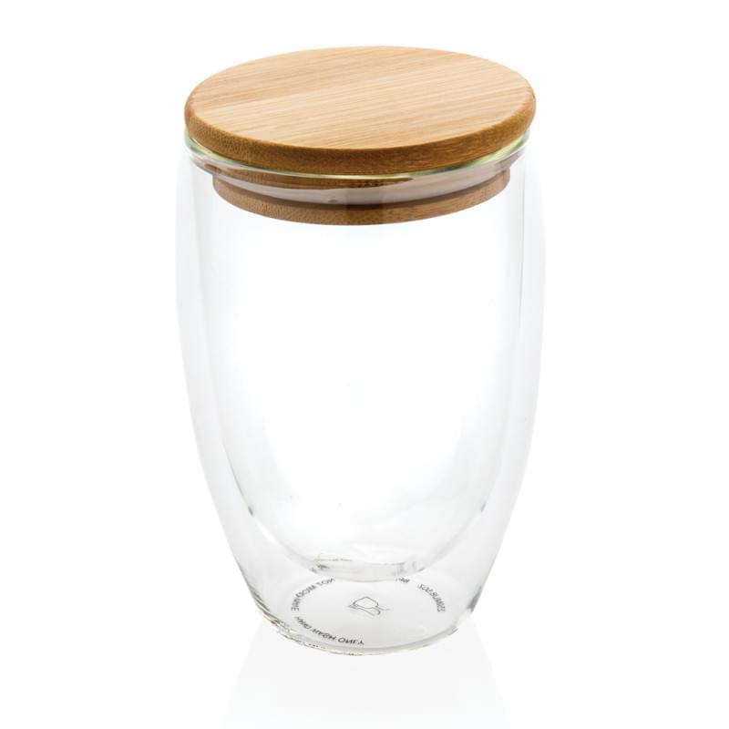 Drinkglas 350ml - borosilicaatglas - dubbelwandig - bamboe deksel