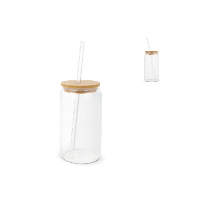 Drinkglas 450ml - bamboe deksel - met rietje