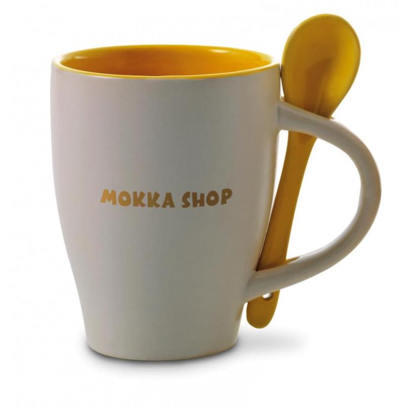 Mok 300ml - keramiek - gekleurde binnenkant met lepel 