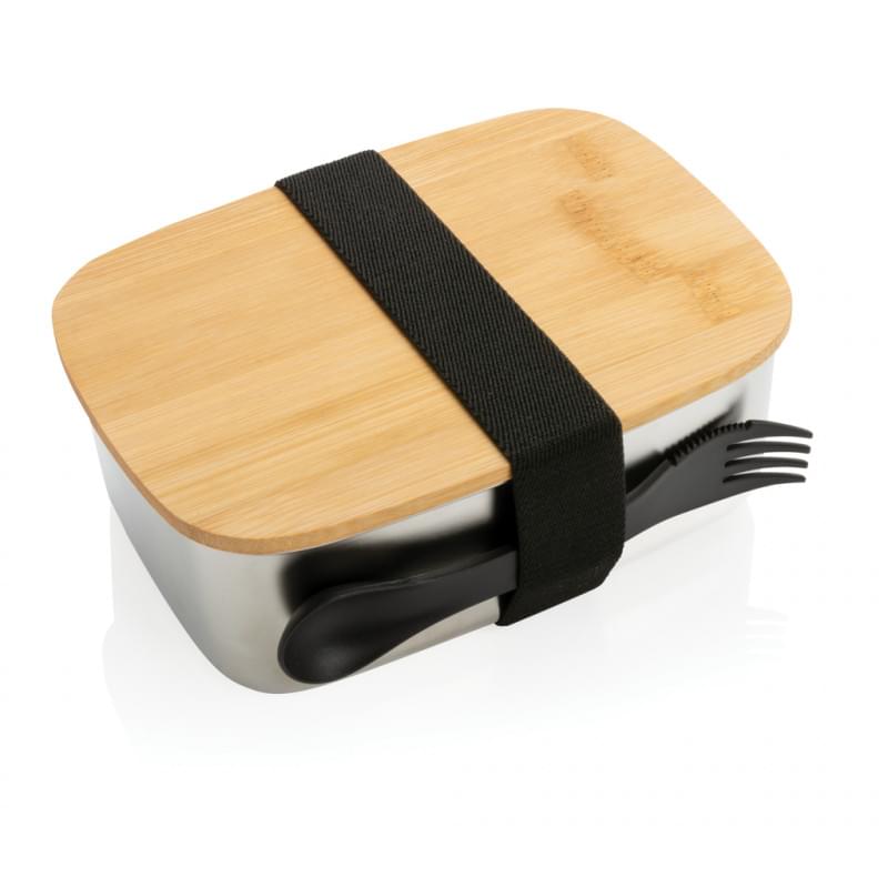 Lunchbox 900ml - RVS - bamboe deksel - elastische band - inclusief spork