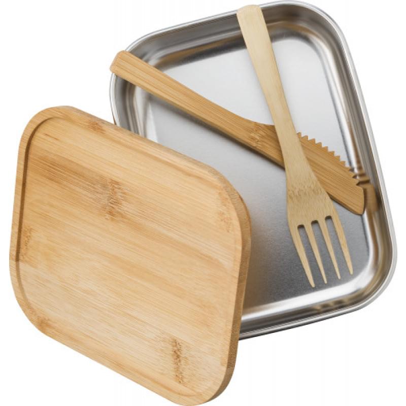 Esme lunchbox 600ml - RVS - bamboe deksel - inclusief vork en mes