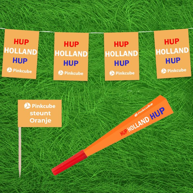 Oranje pakket - met 1 vlaggenlijn, 50 partyprikkers, 1 feesttoeter en een kaartje