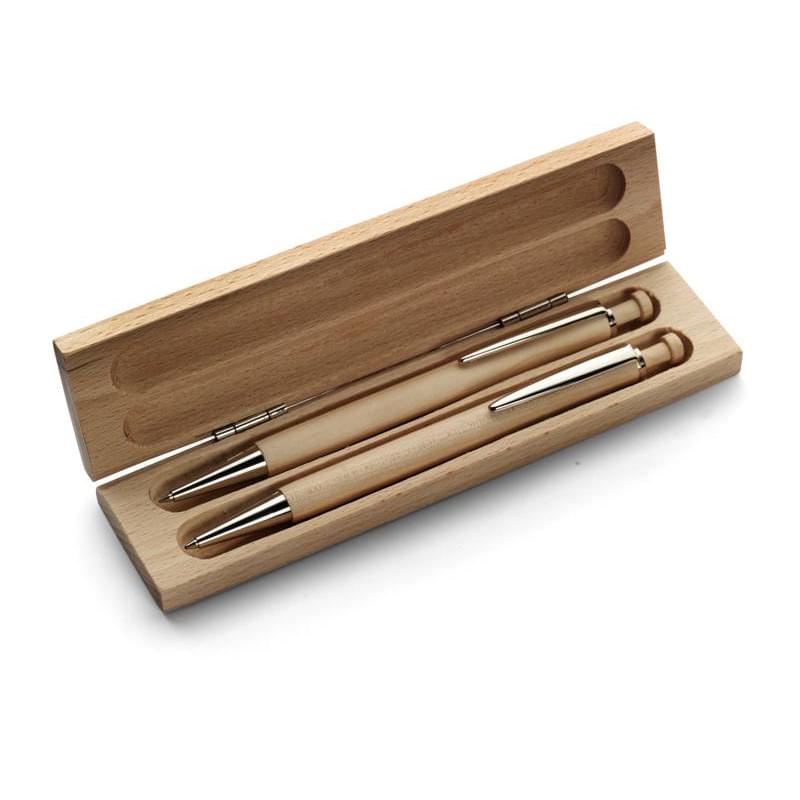 Morris pennenset - beukenhout - blauwe inkt - balpen en vulpotlood - metalen clip en tip - geschenkverpakking