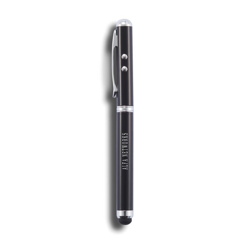 4 in 1 stylus balpen - messing - zwarte inkt - zaklamp - laser pointer