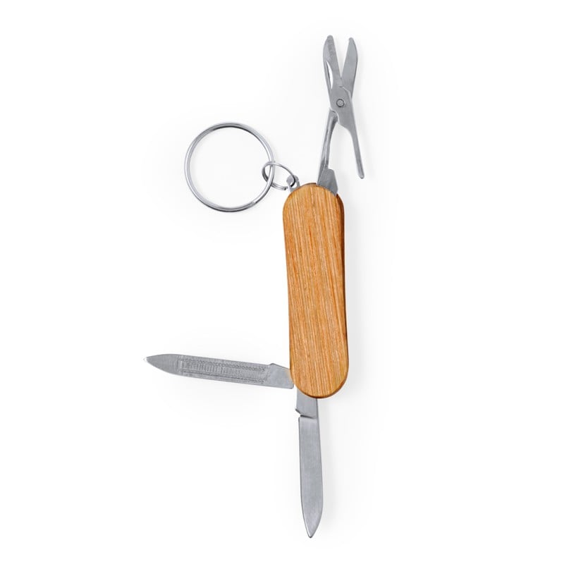 Multitool sleutelhanger - hout en RVS - 6.1 cm - schaar, mes en vijl - geschenkverpakking
