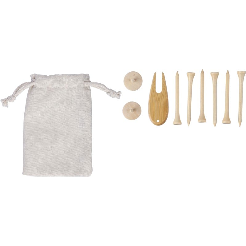 Nyssa golftees-set - hout - 6 tees, pitchfork en 2 markers - verpakt in katoenen zakje