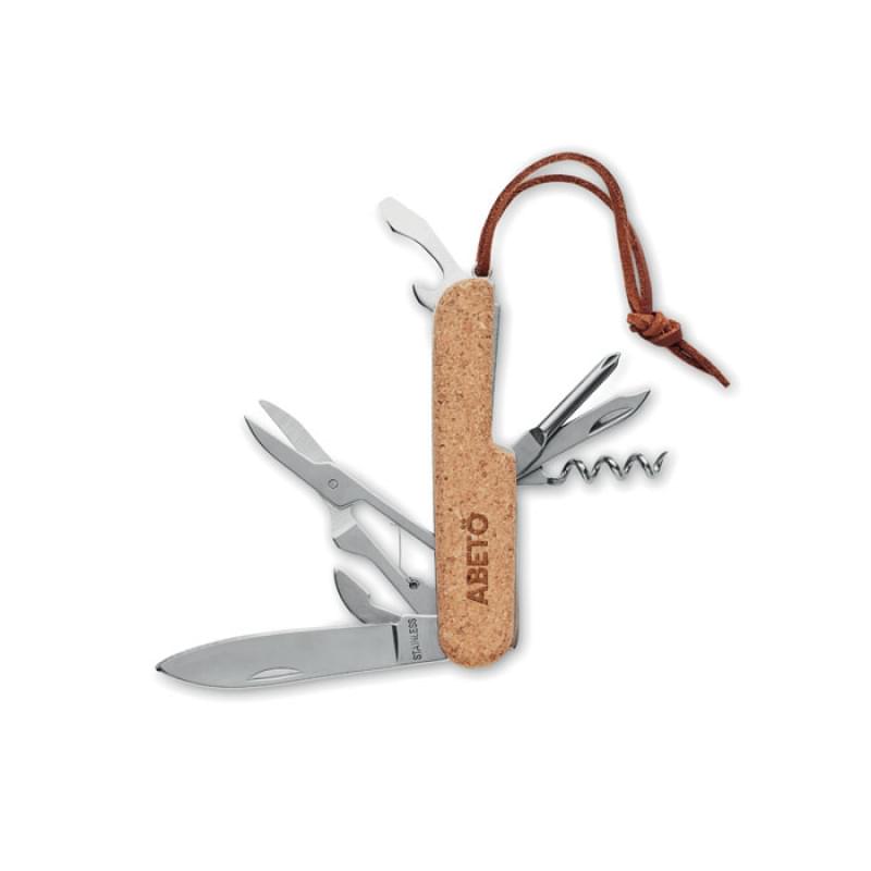 Multitool zakmes - RVS en kurk - 7 functies - met handgreepkoord