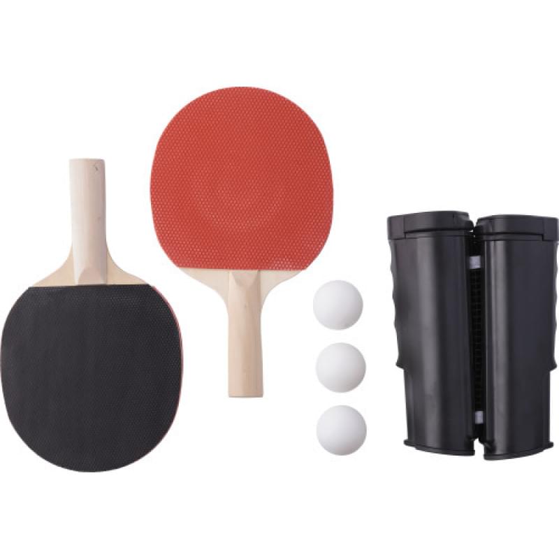 Melinda tafeltennisset - kunststof en hout - 2 batjes - 3 ballen - uitschuifbaar net - verpakt in rPET zakje