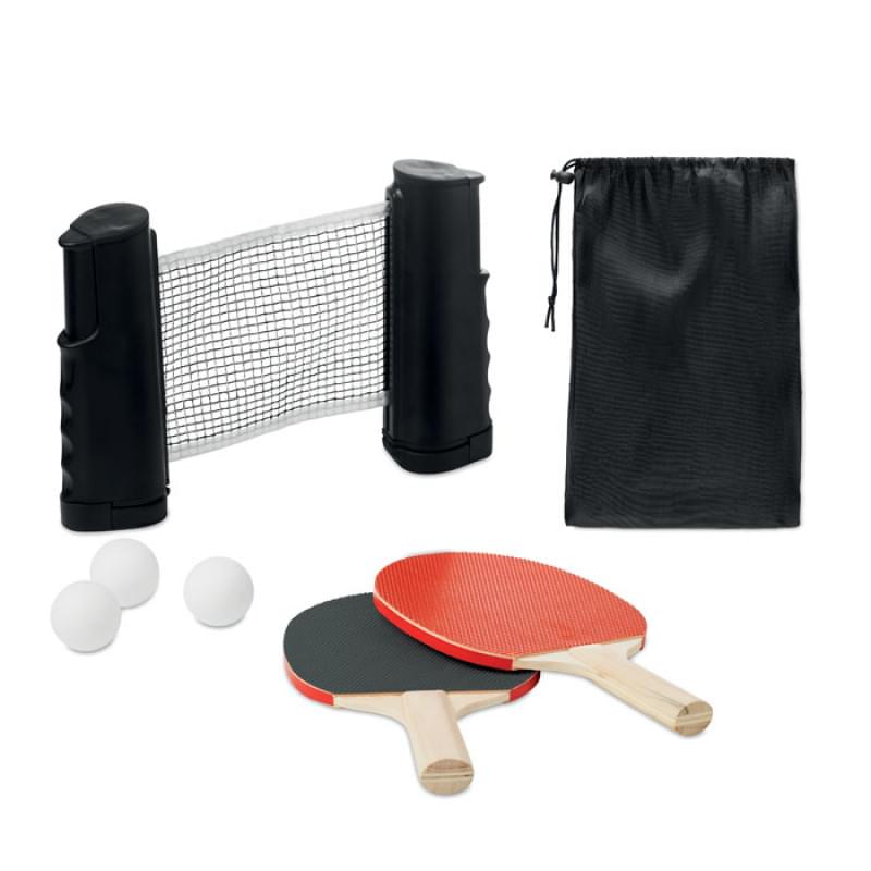 Tafeltennisset - kunststof en hout - 2 batjes, 3 ballen en uitschuifbaar net - verpakt in rPET zakje