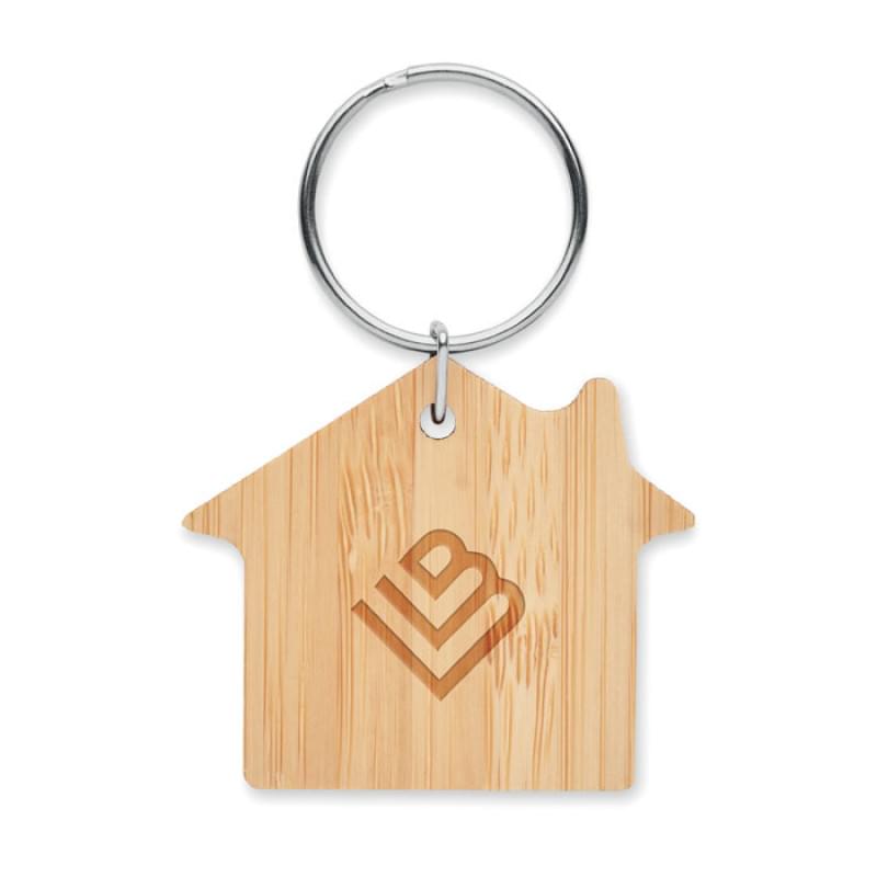 Huis sleutelhanger - bamboe - 4.5 cm