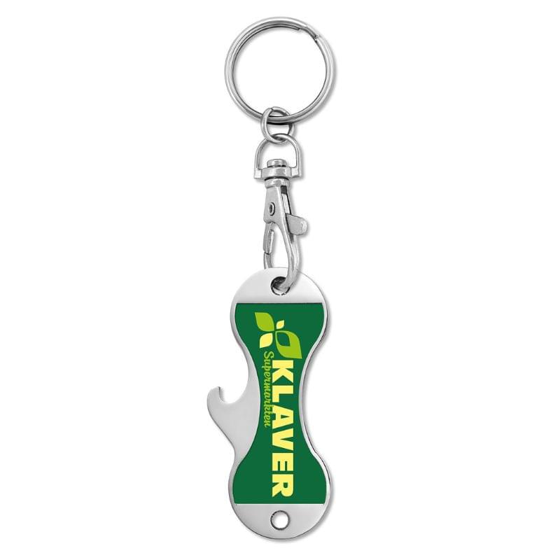 Alicante sleutelhanger - metaal - gelamineerde sticker - flesopener - dubbel winkelwagenmuntje