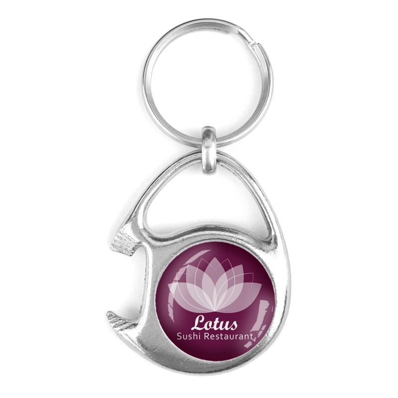 Sleutelhanger - metaal - Ø 2.3 cm - flesopener - met winkelwagenmuntje - met doming label