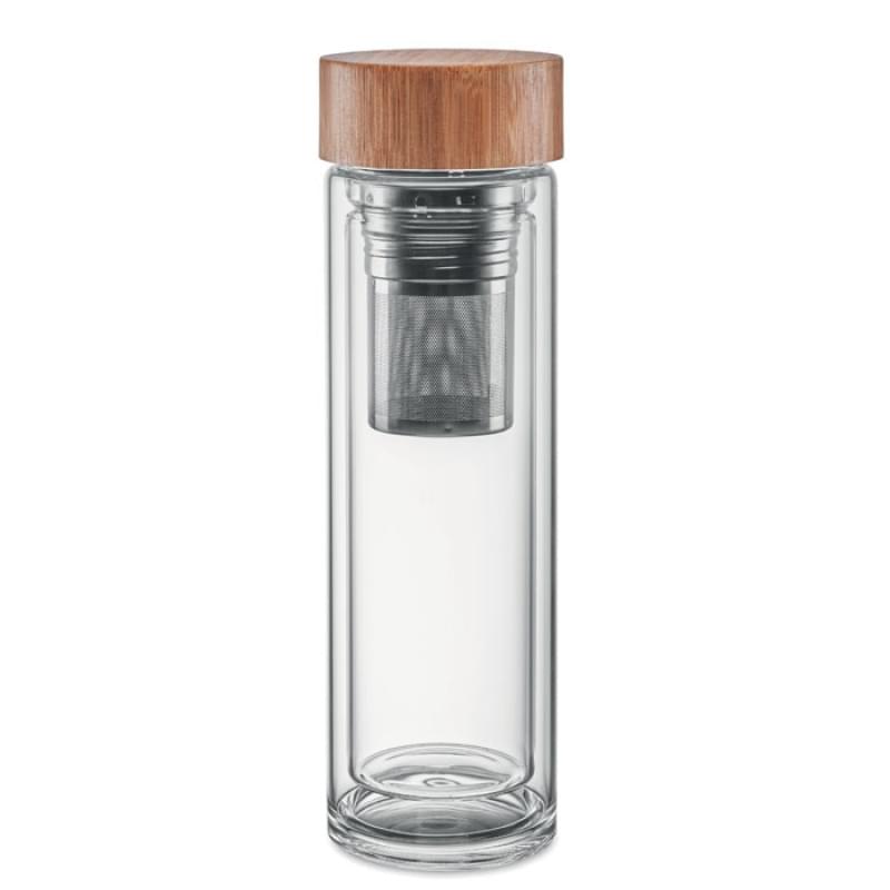 Batumi Glass drinkfles 400ml - glas - bamboe dop - compartiment voor thee