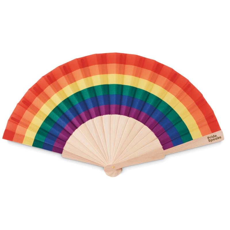 Regenboog handwaaier - polyester - 23 cm - houten handvat