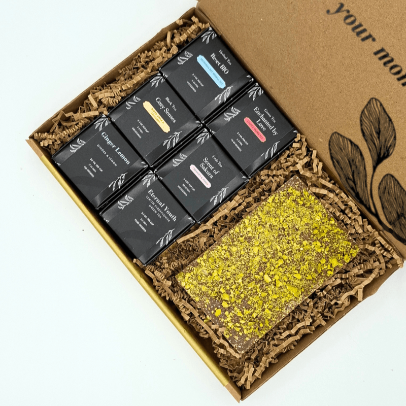 Zen Tea & Dubai Bar box - brievenbuspakket - 6 smaken thee en een dubai chocoladereep