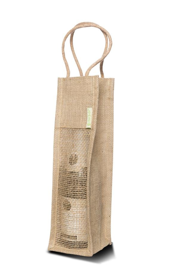 Jute tas met katoen voor 1 (wijn)fles-Jute-1 kleur